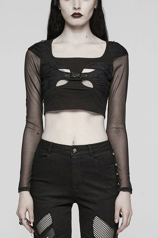 Gothic Hollow-Out Buckle Blouse for Women - Midnight Lace Sleeves