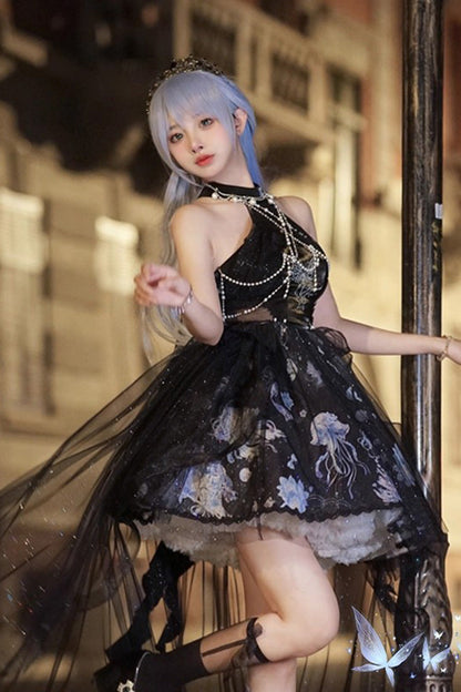 Azure Deep Sea Jellyfish Halter Sleeveless Print Embroidery Bow Lace Elegant Lolita Jumper Dress