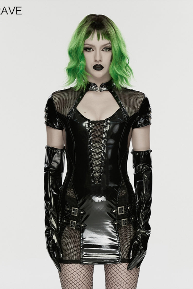 Slim Mesh Punk Dress with Lace-Up and Buckles for Women