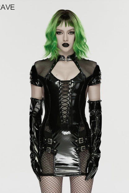 Slim Mesh Punk Dress with Lace-Up and Buckles for Women