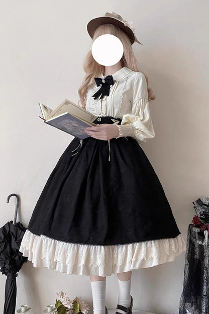 Ebony High-Waist Embroidered Ruffle Lace-Up Palace Skirt - Heart of Rose