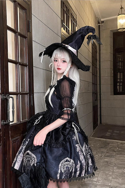 Gothic Punk Lolita JSK Dress with Ballet Lace-Up and Eternal Night Print