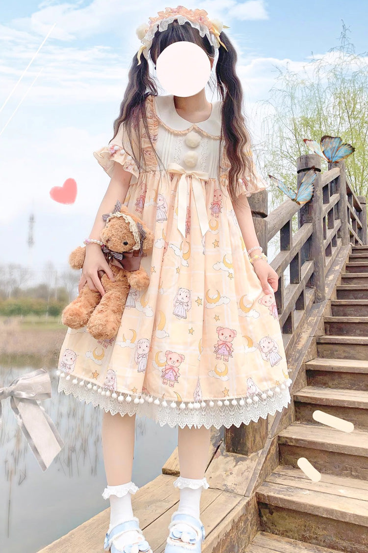 Doll Collar Short Sleeve Bunny Bear Moon Bow Stitch Sweet Dress