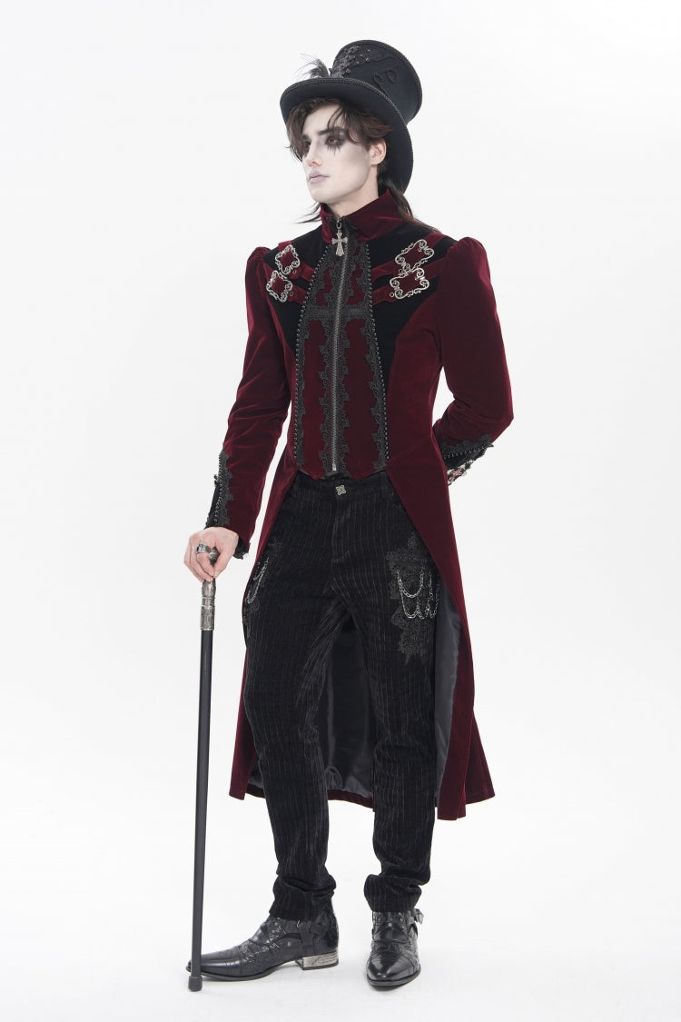 Crimson High-Neck Gothic Palace Jacket with Color Block and Embroidery