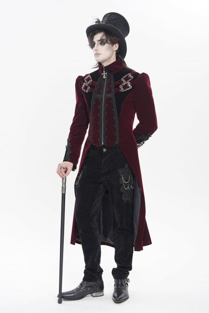 Crimson High-Neck Gothic Palace Jacket with Color Block and Embroidery