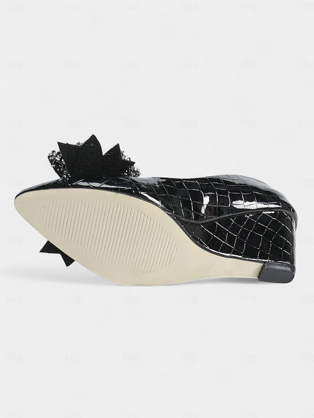 Black Leather with Wedge Heels Bow Patent Glitter Women's