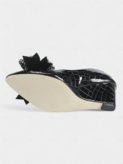 Black with Heels Bow Wedge Leather Women's Patent Glitter