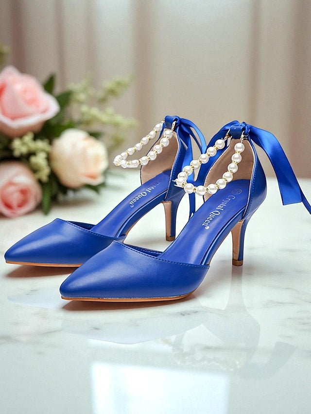 Heel - with Kitten Blue Women's Pumps Ankle Pearl Strap Bow