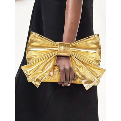 Oversized Faux Leather Bag Women's Clutch Bow with Gold
