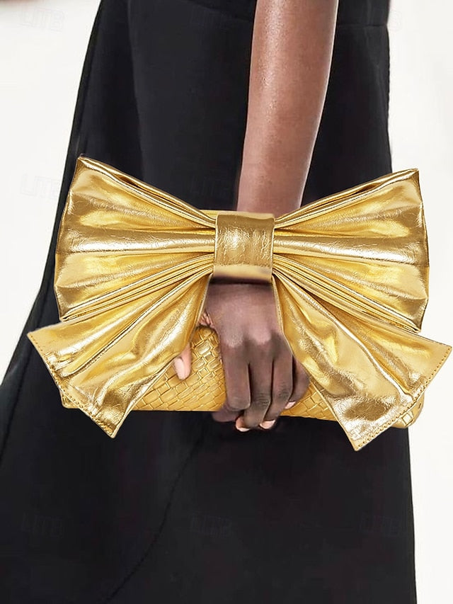 with Women's Oversized Faux Gold Bow Clutch Leather Bag