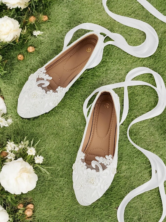 with Shoes Flats Lace - Ribbon White Wedding Ties Elegant Bridal