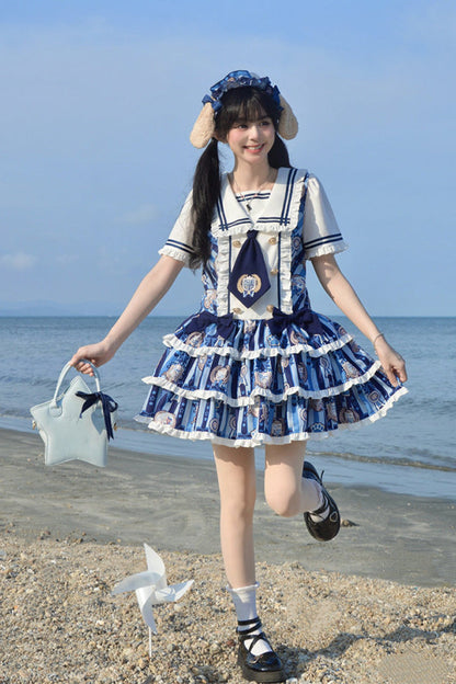 Glory of the Dog Navy Collar Low Waist Printed Ruffle Dress