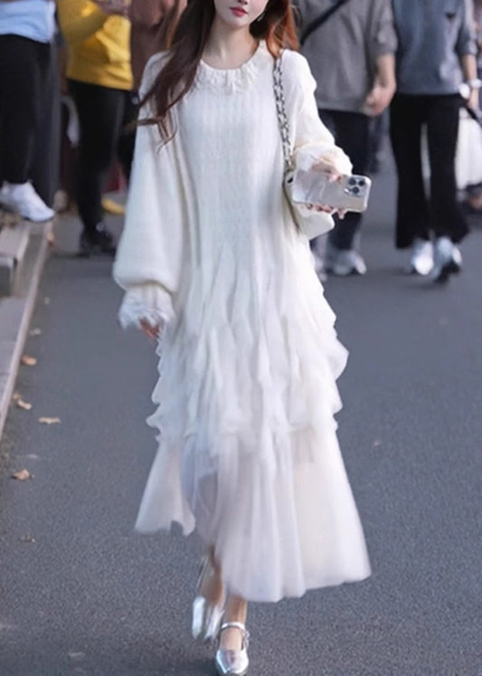 White Maxi Sleeve Solid Tulle Butterfly Dresses Elegant Patchwork