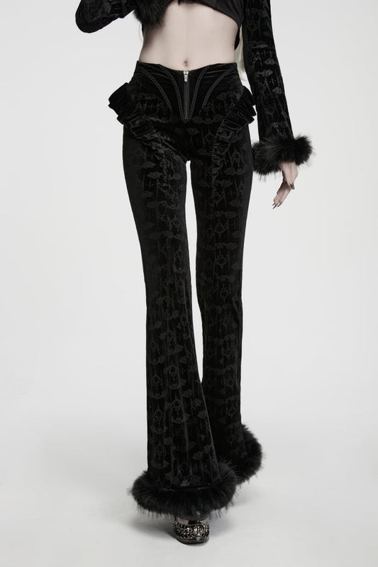 Women's Gothic Flare Pants in Slim Fit with Ruffled Details and Black Jacquard