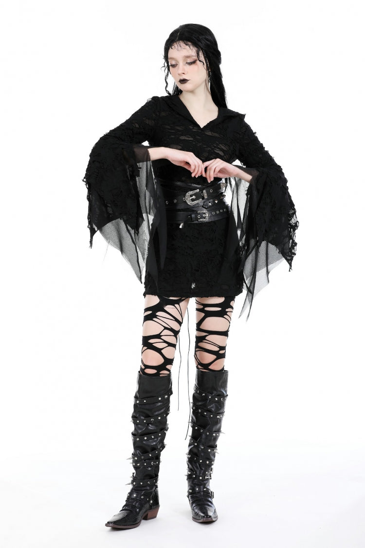 Women's Gothic Hooded Slim Dress with Evil Devil Theme and Flared Sleeves