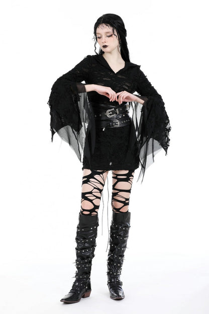 Women's Gothic Hooded Slim Dress with Evil Devil Theme and Flared Sleeves