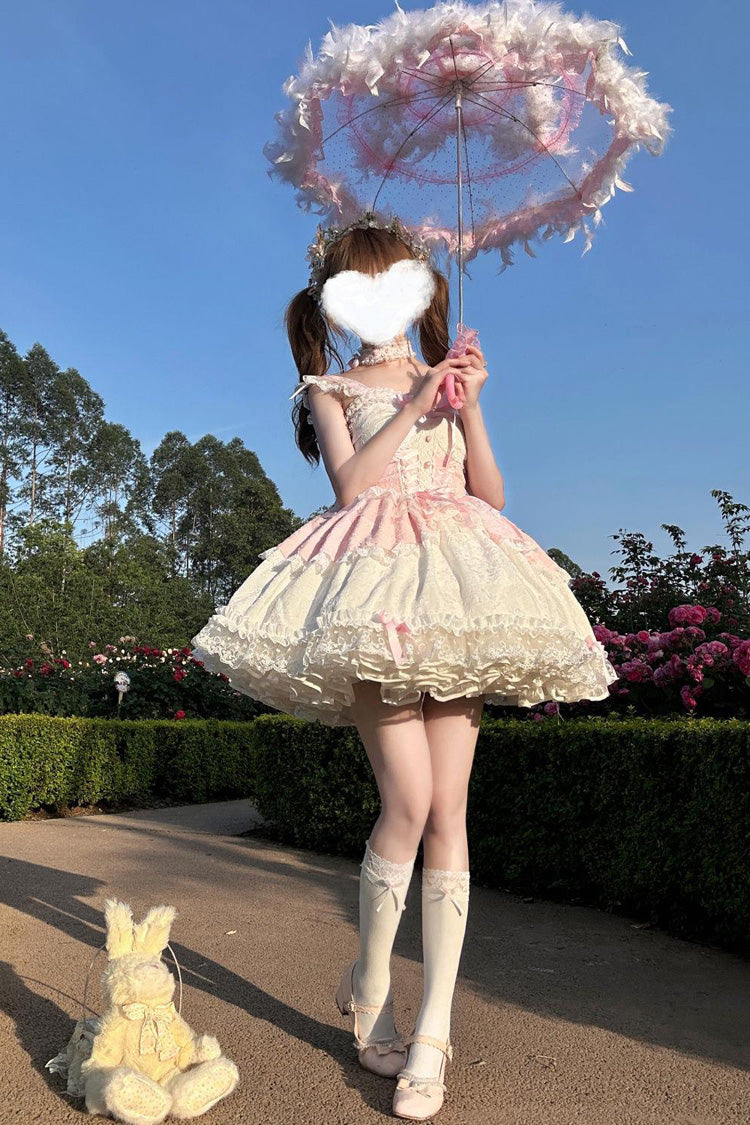 Blush Sleeveless Bow-Trimmed Lace JSK with Ruffle Accents - Leiffu