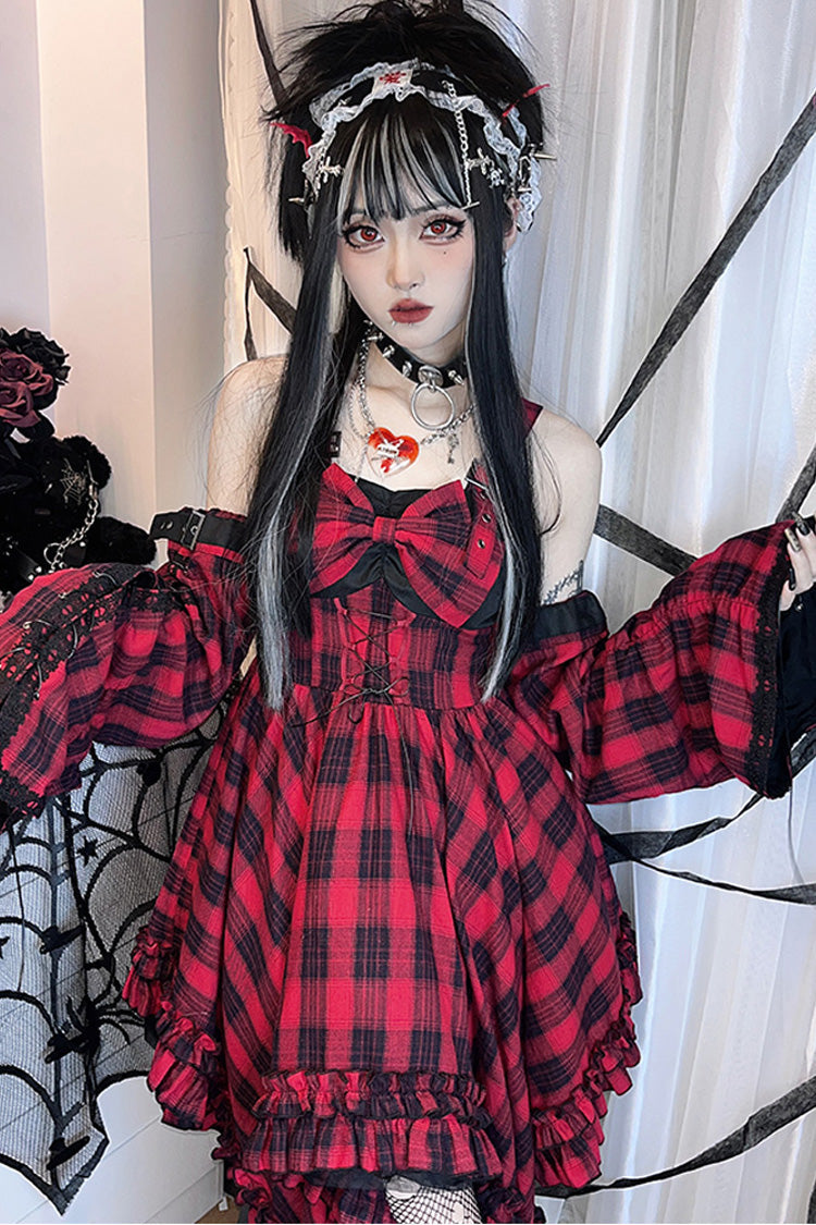 Crimson Gothic Lolita JSK Dress with Irregular Plaid Print