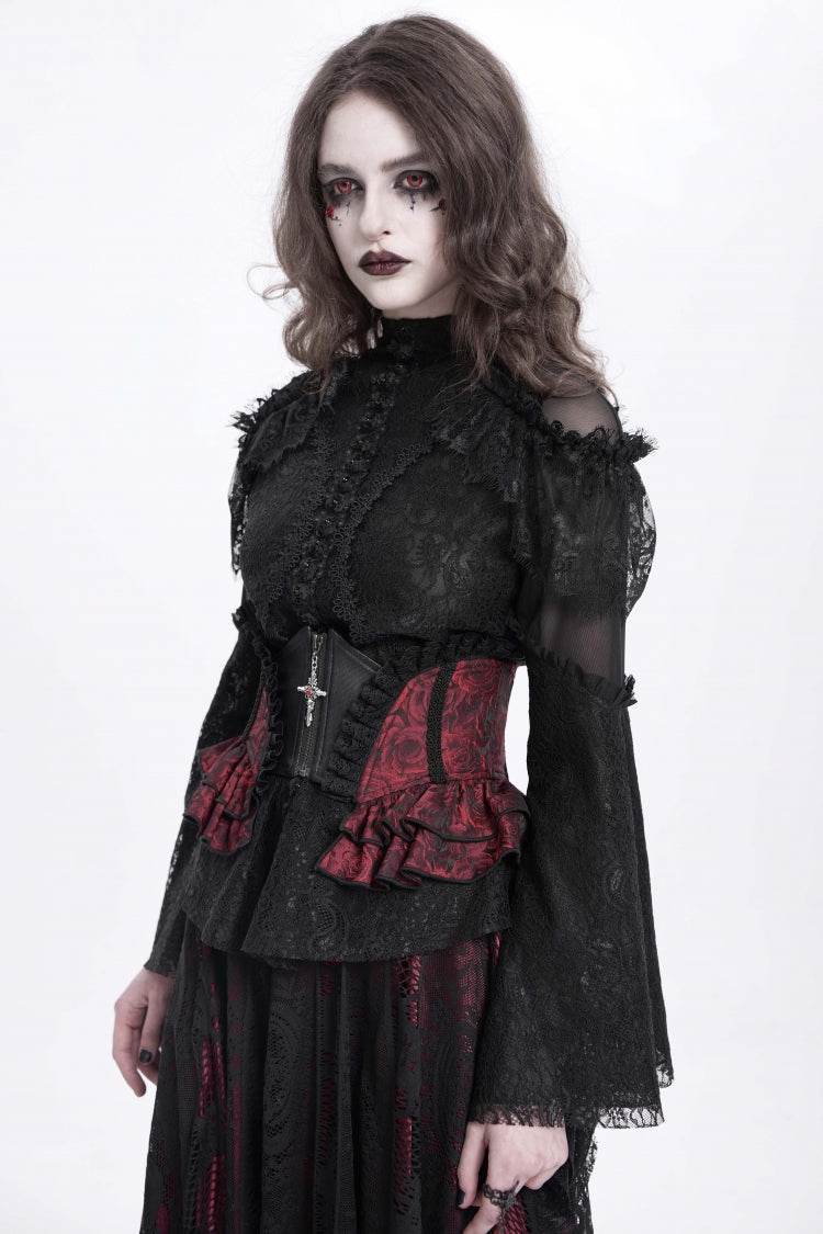 Crimson & Charcoal Spliced Lace Laced Slim Zippered Goth Palace Corset