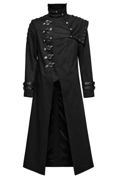 Men's Black Gothic Coat, Slim Fit with Detachable Shoulder Pads and High Collar