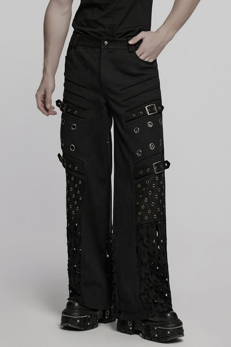 Men's Punk Straight Pants with Eyelet and Ripped Detailing