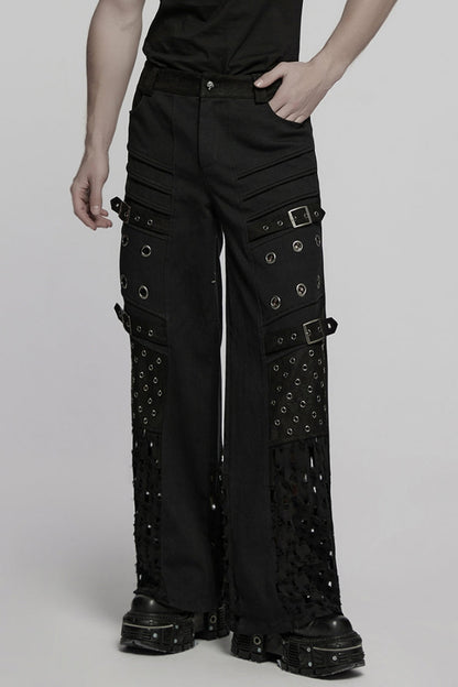 Men's Punk Straight Pants with Eyelet and Ripped Detailing