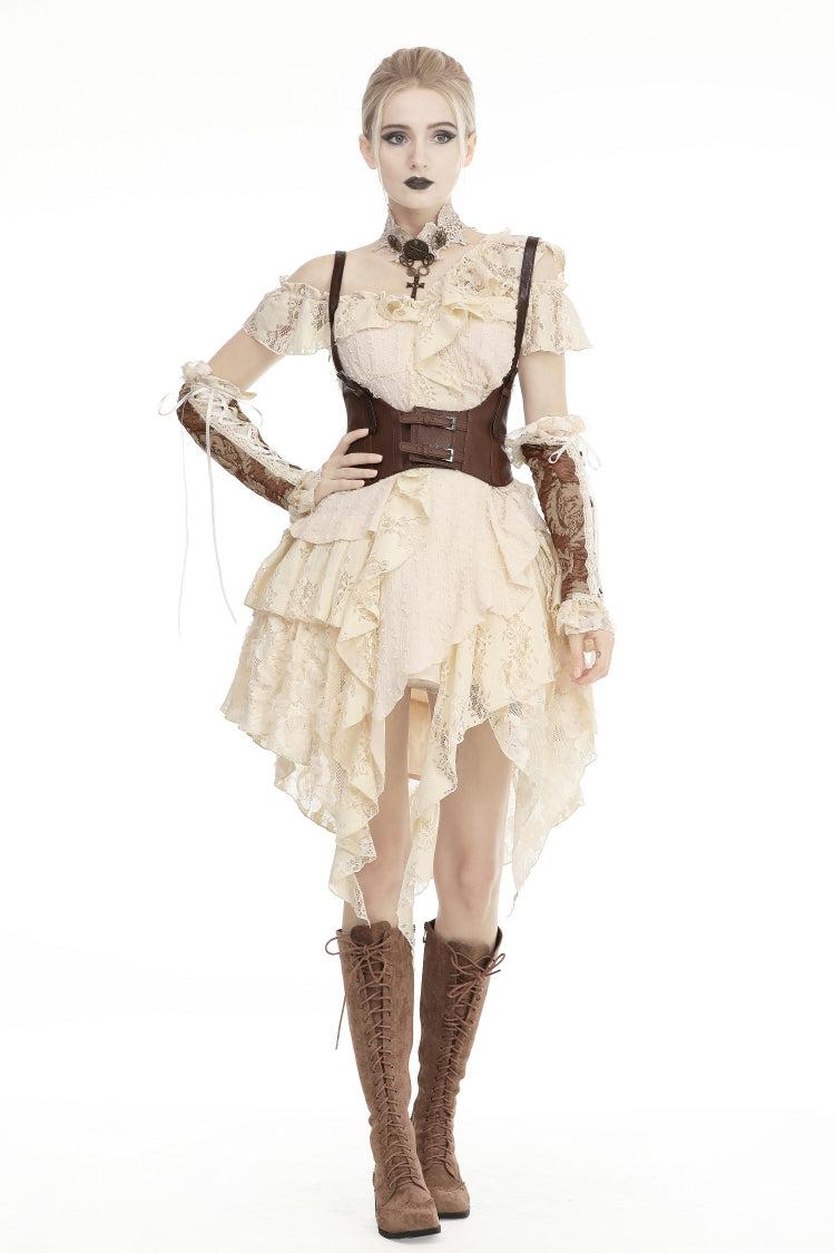 Steampunk Vintage Women's Dress with Irregular Ruffled Lace Layers, Cream