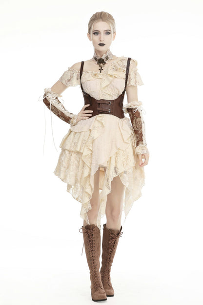 Steampunk Vintage Women's Dress with Irregular Ruffled Lace Layers, Cream