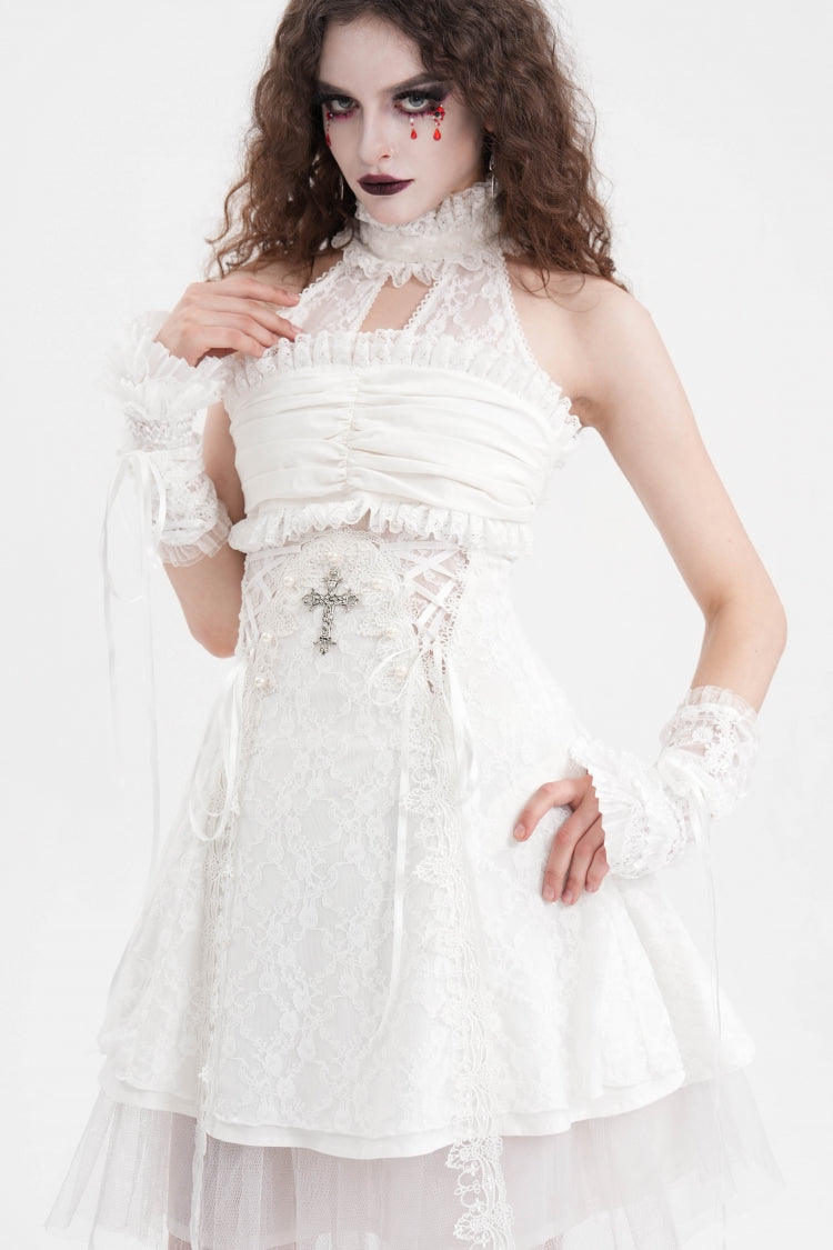 Ivory Bow Lace-Up Mesh Eyelet Gothic Palace Arm Sleeves