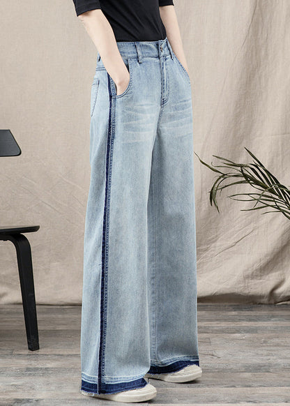 Beautiful Blue Pockets Patchwork Denim Wide Leg Pants Spring TT1027