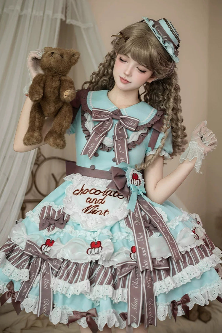 Emerald Lapel Collar Short Sleeve Triple-Layer Printed Ruffled Bow Lace Princess Sweet Lolita Gown