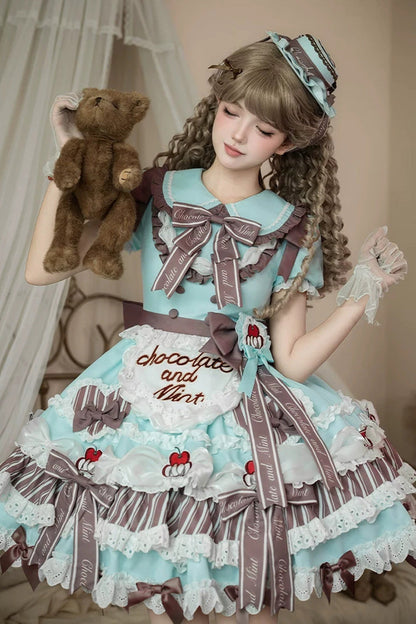 Emerald Lapel Collar Short Sleeve Triple-Layer Printed Ruffled Bow Lace Princess Sweet Lolita Gown