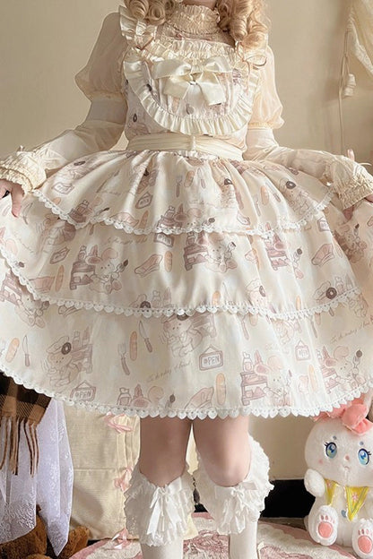 Plus Size Sweet Lolita JSK Gown with Triple-Layer Ruffles & Printed Bow