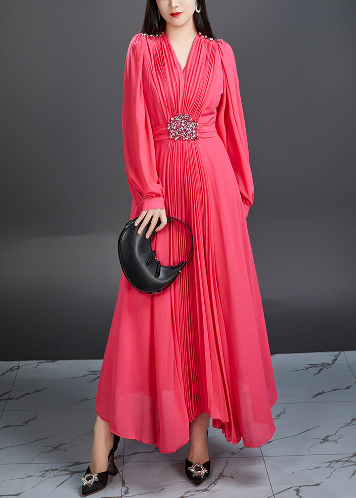 Neuartiges rotes V-Ausschnitt-Falten-Chiffon-langes Kleid Herbst AR1039 