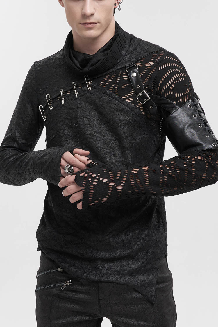Men's Punk Tee with Printed Fabric, Ripped Mesh and Detachable Long Sleeves