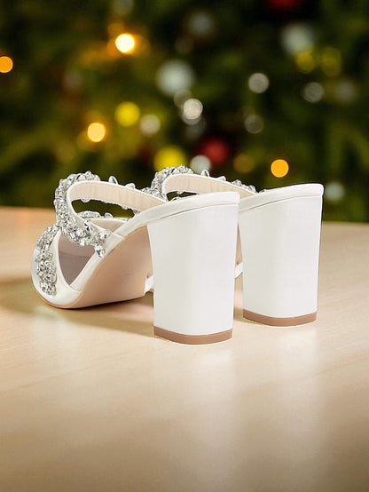 Heel Block Mules with Black Satin Floral Rhinestone Women's