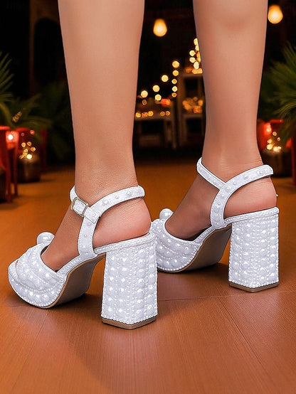 White Platform Embellished Block Pearl Heel Women's Sandals