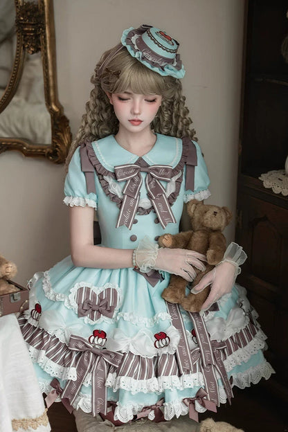 Emerald Lapel Collar Short Sleeve Triple-Layer Printed Ruffled Bow Lace Princess Sweet Lolita Gown