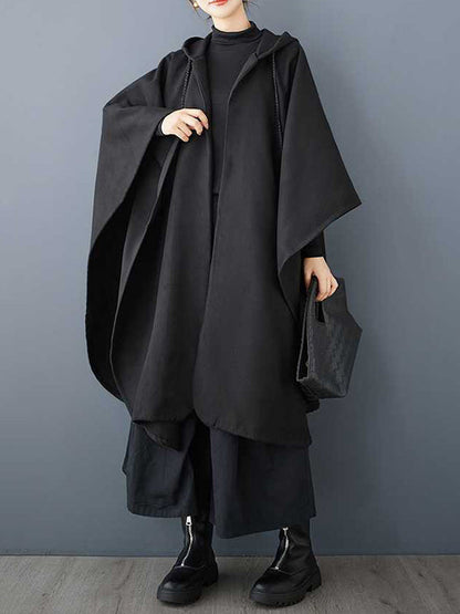 Stylish Black Hooded Drawstring Tasseled Pockets Zip-up Batwing Sleeve Trench Coat TW007