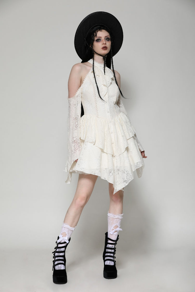 Steampunk Women's Dress with Halter Off-Shoulder Lapel Collar & Flare Sleeves, Cream