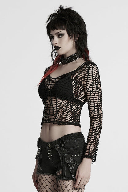 Ripped Punk Sheer Top - Women's Edgy Long-Sleeve