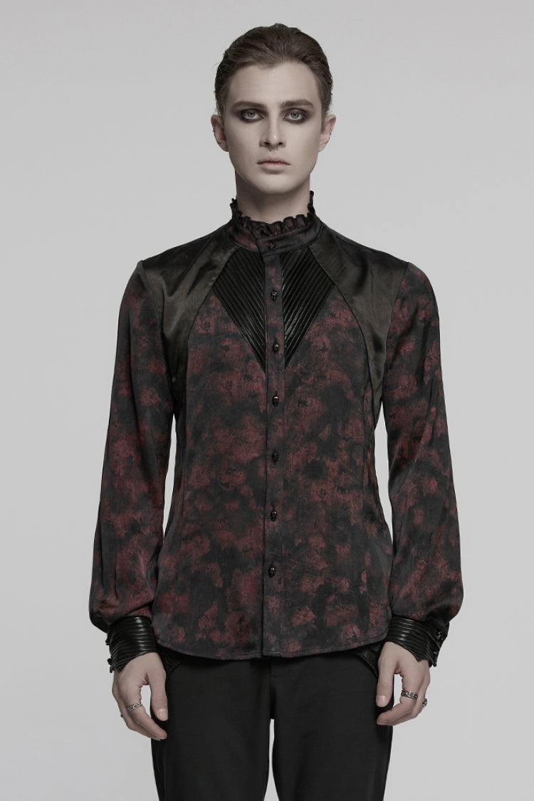 Crimson & Obsidian Stand Collar Long Sleeves Ruffle Pleated Gothic Blouse