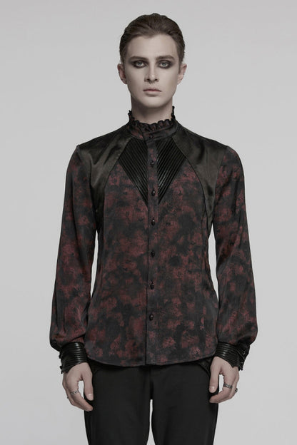 Crimson & Obsidian Stand Collar Long Sleeves Ruffle Pleated Gothic Blouse