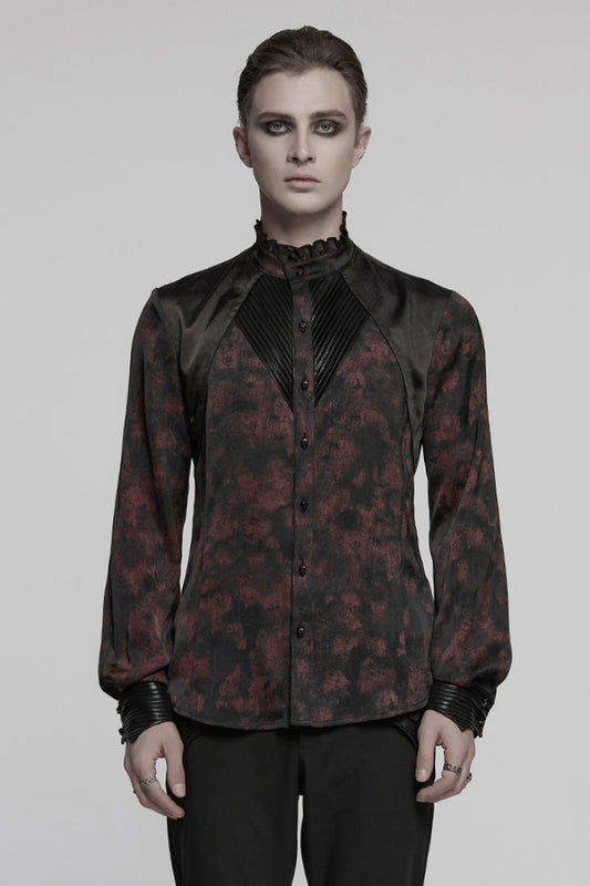 Crimson & Obsidian Stand Collar Long Sleeves Ruffle Pleated Gothic Blouse