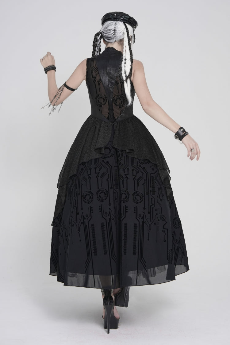 Gorgeous Black Punk Dress for Women, Layered Print with Sheer Fabric
