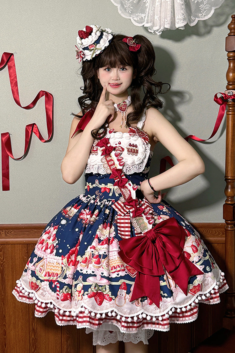 Natural Waisted Ruffle Bowknot Sweet Lolita JSK Dress with Strawberry Dessert Print - 4 Colors