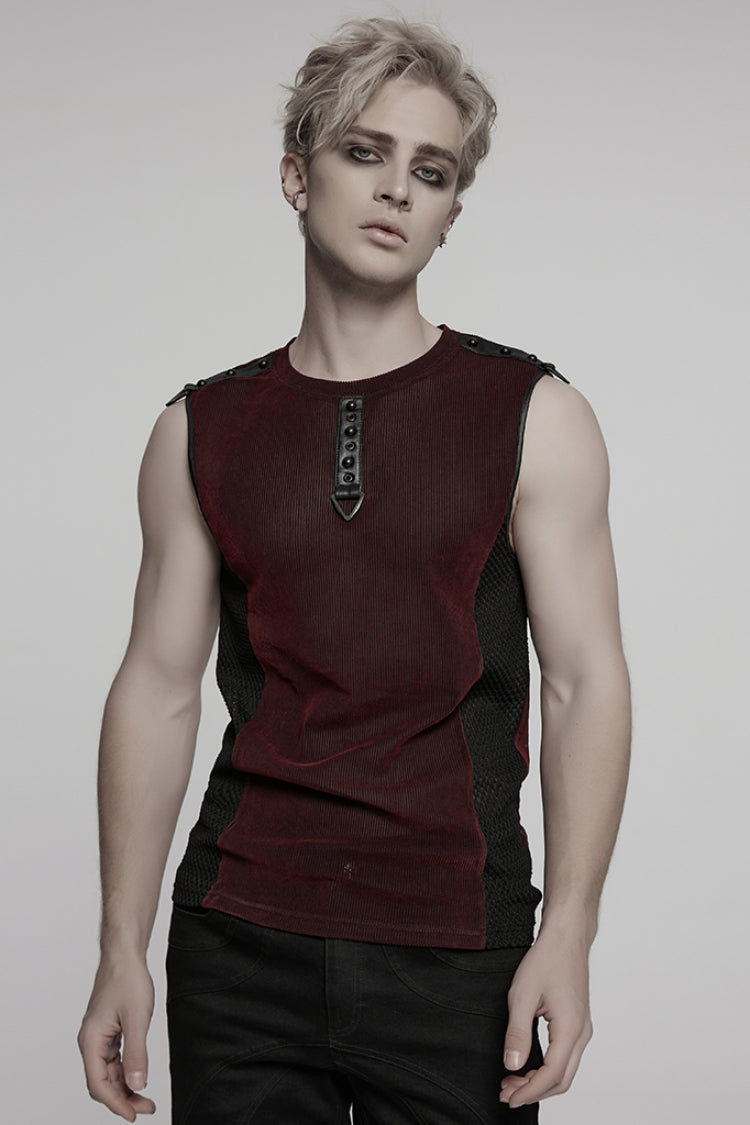 Crimson & Obsidian Round Collar Sheer Mesh Color Matching Rivet Punk Vest