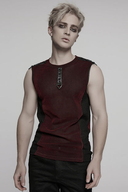 Crimson & Obsidian Round Collar Sheer Mesh Color Matching Rivet Punk Vest