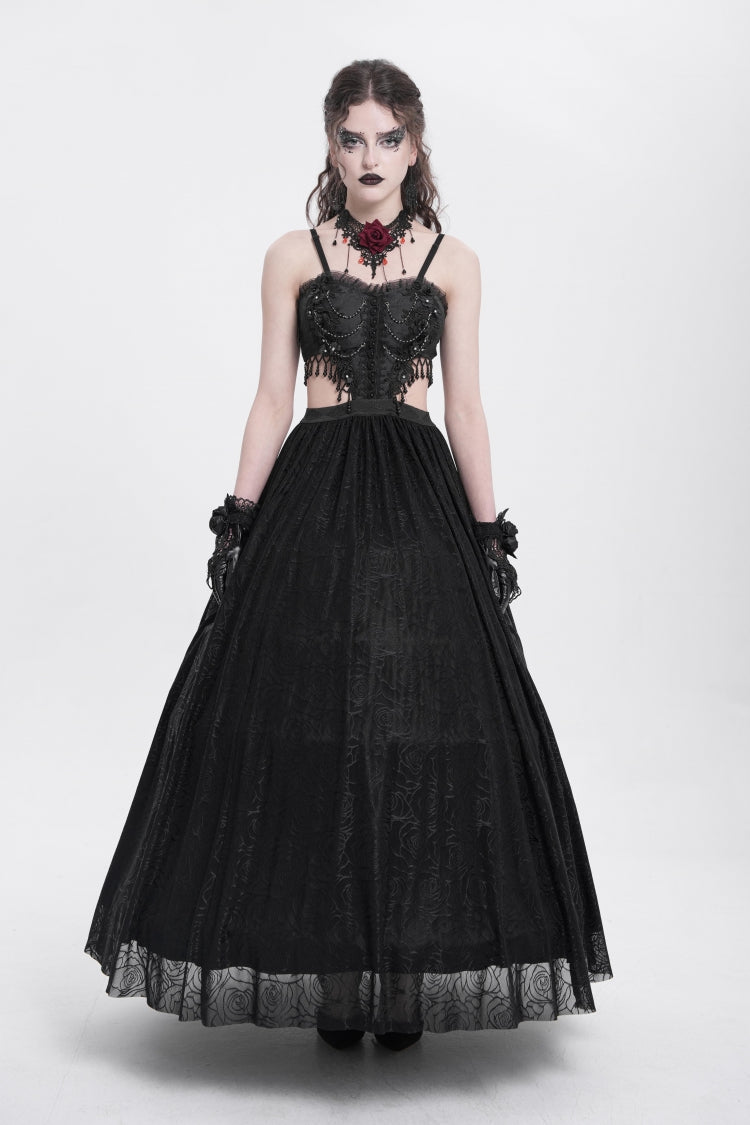 Women's Gothic Party Slip Dress with Floral Embroidery and Lace Ripped in Black Jacquard
