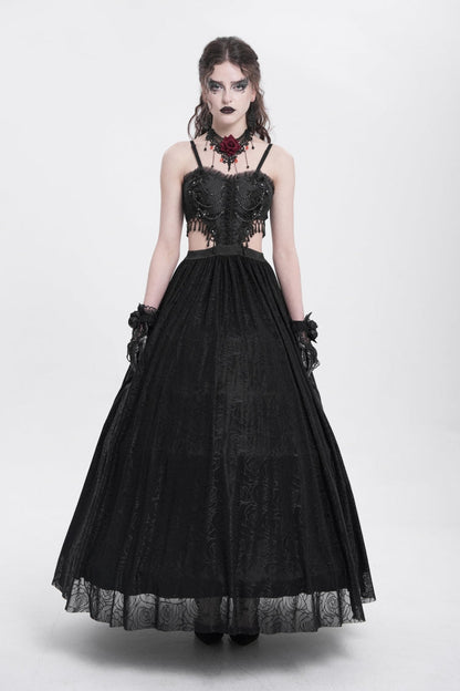 Women's Gothic Party Slip Dress with Floral Embroidery and Lace Ripped in Black Jacquard